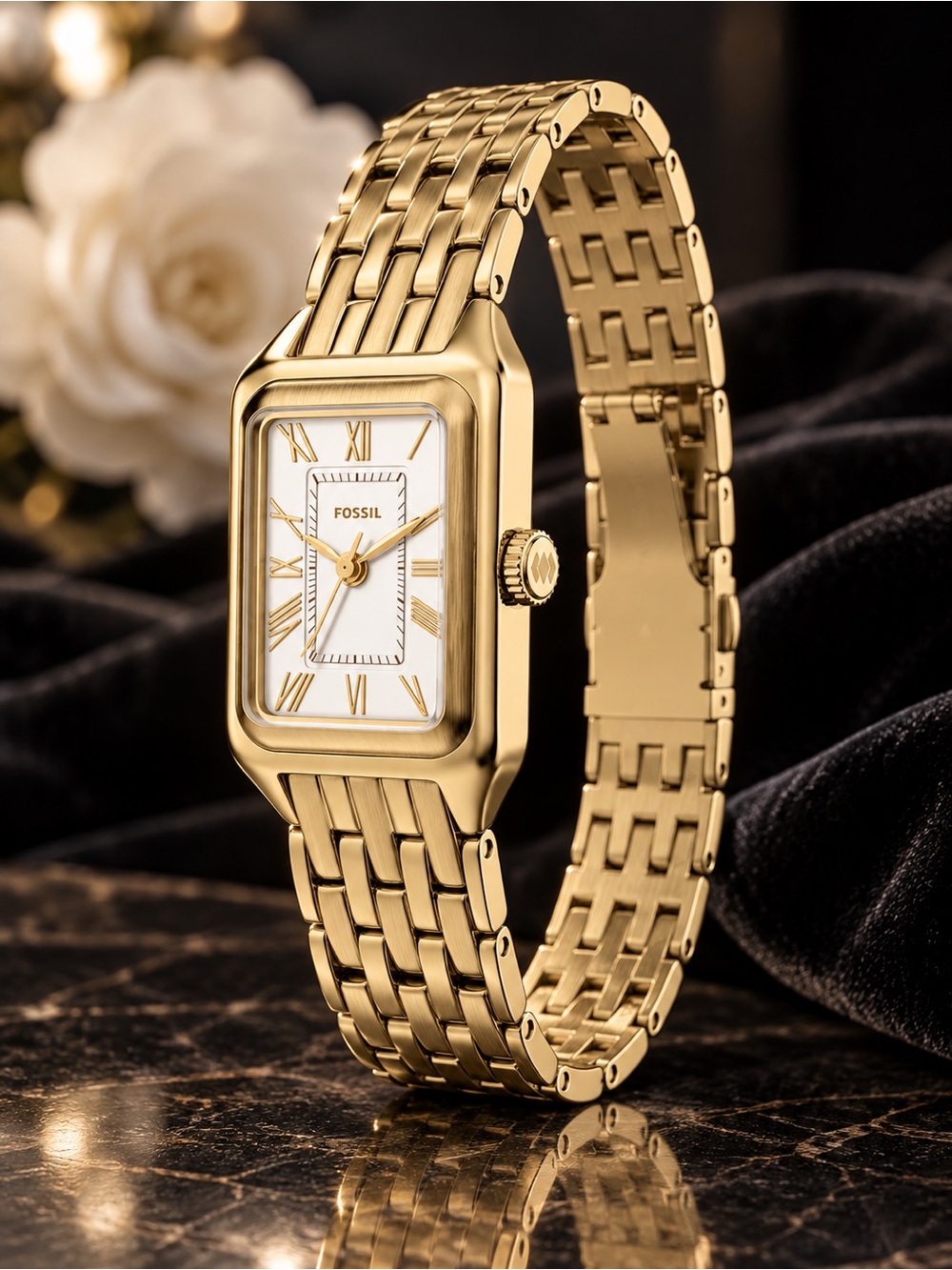 Fossil Women's Gold Rectangular White Dial Bracelet Watch